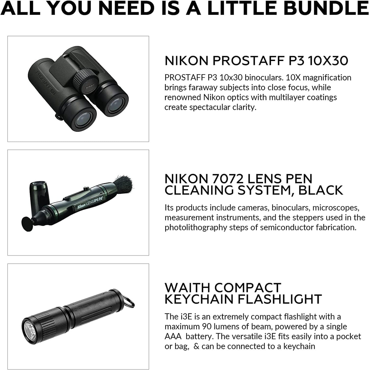 Nikon PROSTAFF P3 10x30 Waterproof Binocular for Adults | Small & Compact Travel Binoculars for Bird Watching | Lens Pen Cleaning System, & Flashlight Bundle Set