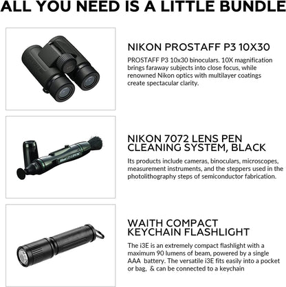 Nikon PROSTAFF P3 10x30 Waterproof Binocular for Adults | Small & Compact Travel Binoculars for Bird Watching | Lens Pen Cleaning System, & Flashlight Bundle Set