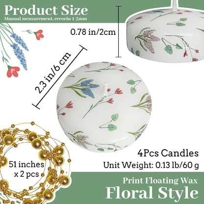 4 Pack Print Floating Candles 2 inch Floral Floating Candle with 2 Pearl String Unique Unscented for Centerpieces Wedding Christmas Lights Romantic Night (Hyacinth Flower Pattern)