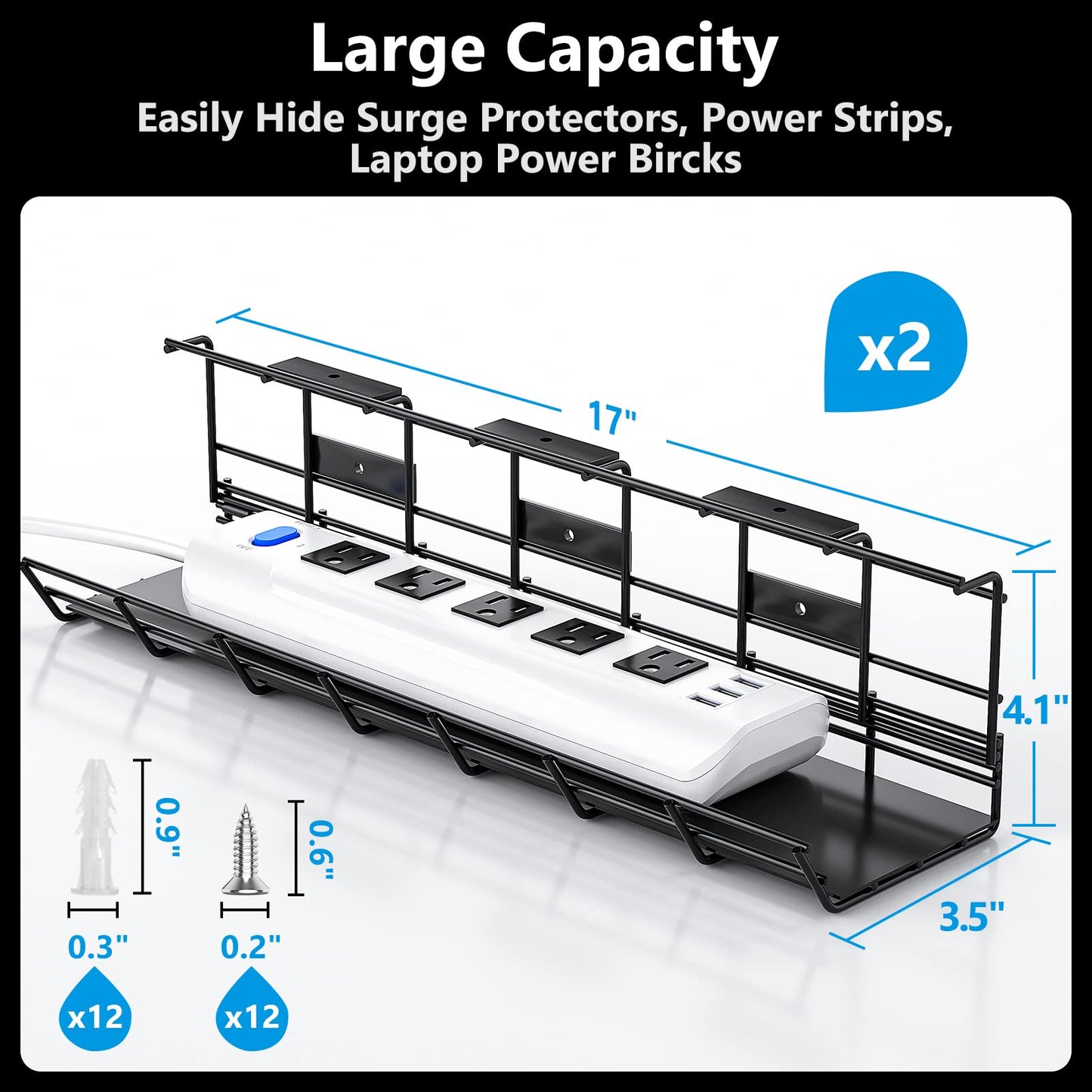 2 Pack DELAMU Under Desk Cable Management Tray, Metal Cord Cable Organizer for Desk, Easy Install Pre-drilled Wire Management Wire Organizer for Office & Home