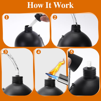 MQKIWAO Citronella Tabletop Torches, 25 oz Metal Oil Burner Candles, Black, 4 Pack, Model ZMZT-4P
