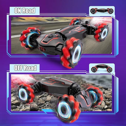 Gesture Sensing RC Stunt Car 2.4 GHz 4WD Remote Control Car 360° Rotate Transform Off-Road Drift RC Cars with Cool Lights Music Ideal Presents for Boys Girls for Birthday (Red)