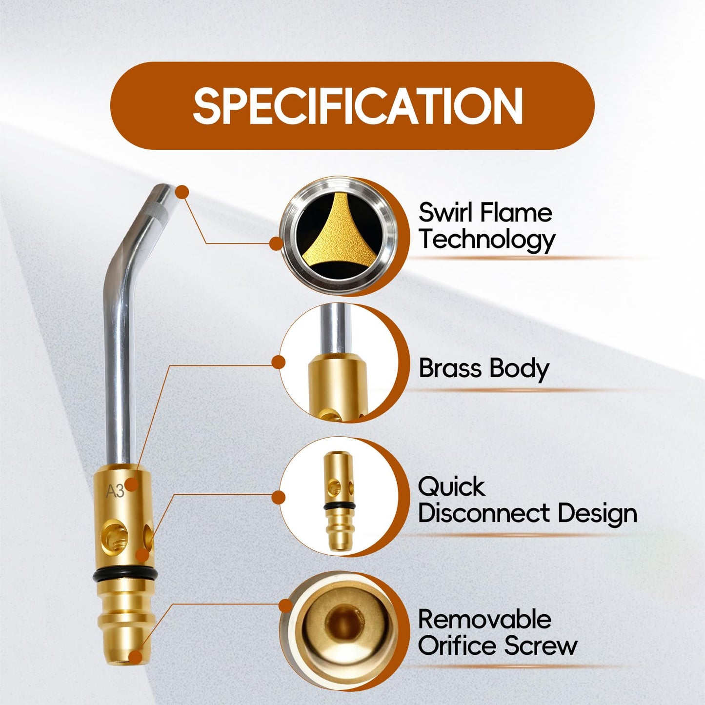 JZWELD A3 A5 A8 Air Acetylene Torch Tip Kit, 3/16" 1/4" 5/16" Tip Size for PLF-A5/G-4 Handles, Air Acetylene Tip with Flint Striker, Light/Medium Duty Air Acetylene Swirl Quick Connector Flame Tip