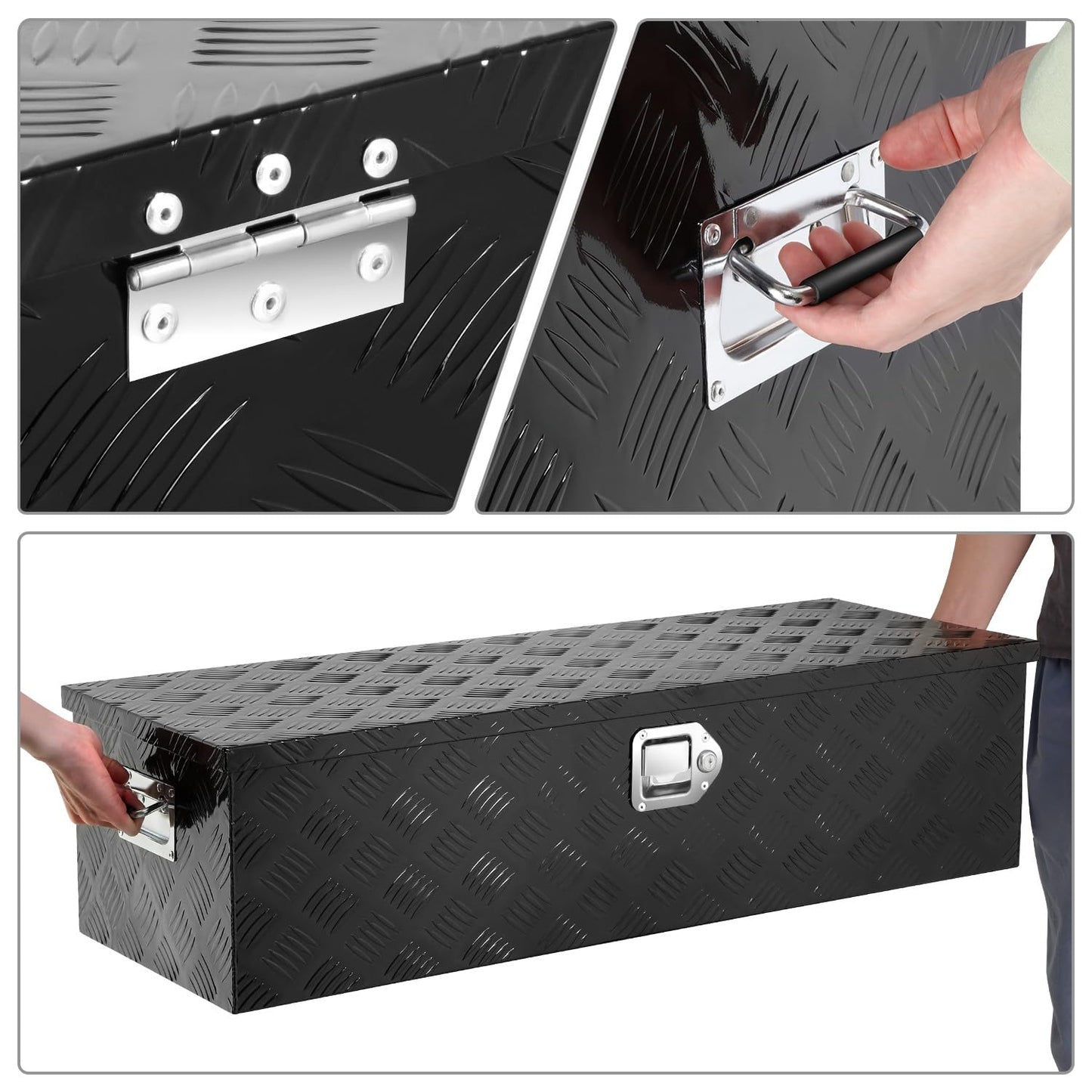 DNA MOTORING Aluminum Lockable Storage Box, Trailer Tongue & Truck Bed Tool Box w/Keys & Side Handle, Black Organizer w/Diamond Tread Pattern, 39"L x 13.3"W x 10"H, TBOX-T5-004-BK