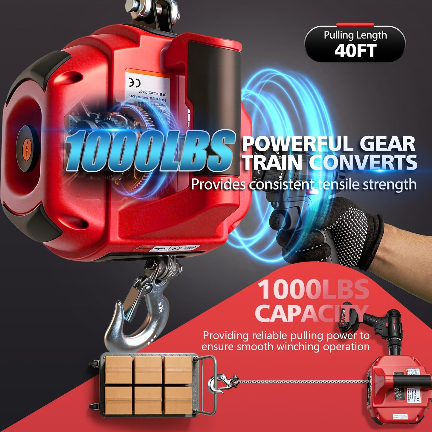 SENKEYFE Drill Powered Portable Winch 1000LBS, 40FT Portable Drill Winch w/D-Ring Strap & Tow Strap, New Anti-Twist Steel Wire Rope, Portable Handheld Drill Winch for Dragging Handling Trailer