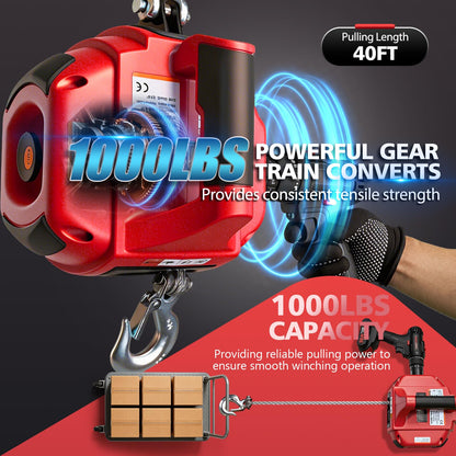 SENKEYFE Drill Powered Portable Winch 1000LBS, 40FT Portable Drill Winch w/D-Ring Strap & Tow Strap, New Anti-Twist Steel Wire Rope, Portable Handheld Drill Winch for Dragging Handling Trailer