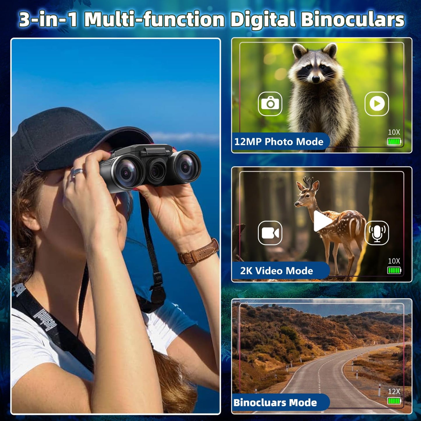 12x32 Binoculars for Adults, Digital Binoculars with Camera 48MP Photo 2.5K Video 2.4" LCD Display Screen with 32GB Micro SD Card for Bird Watching Hunting Football Concerts Theatre