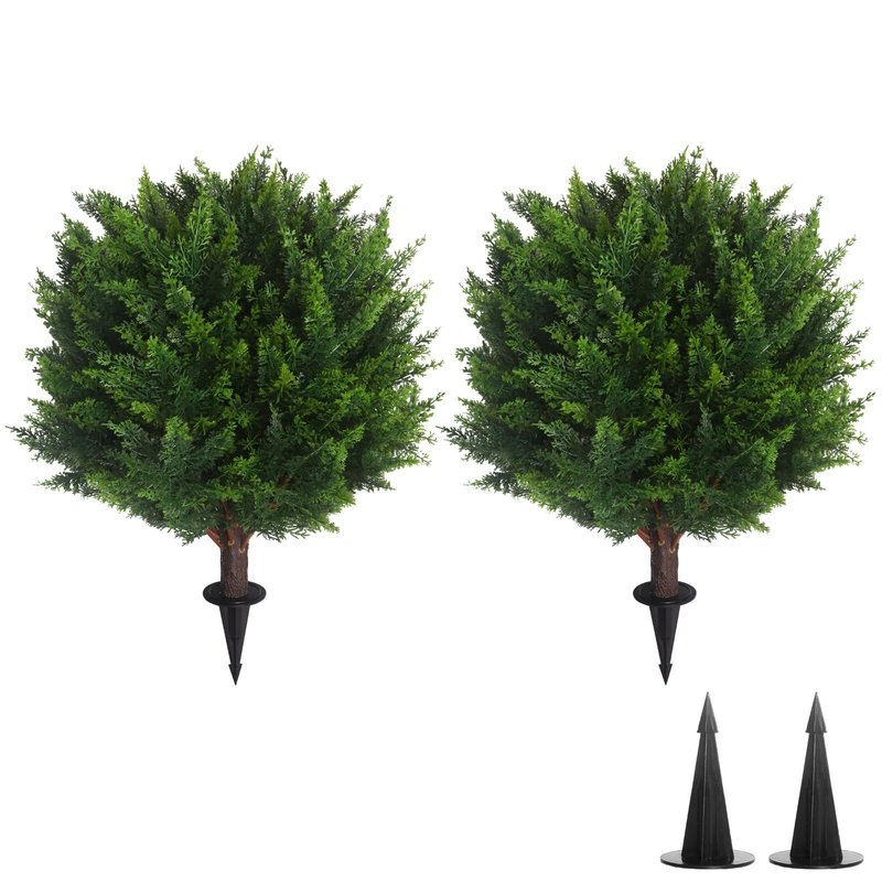 22''T Artificial Cedar Topiary Ball Tree 2 Pack, Outdoors Artificial Shrubs Faux Plants Uv Rated Perfect for Outdoor, Indoor - Easy to Install.