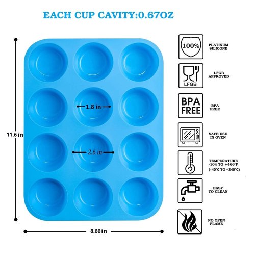 JEWOSTER 12 Cups Silicone Muffin Pan 2 Pack - Cupcake Pan Nonstick Silicone Molds Great for Making Muffin Cakes,Bread, Tart - BPA Free Baking Accessory