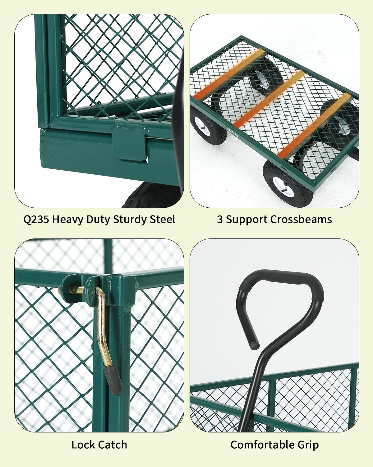 Garvee Versatile Outdoor Utility Cart-800LBS Heavy-Duty, 10" All-Terrain Pneumatic Tires, Easy Maneuverable Lawn Cart with Removable Mesh Panels for Gardening&Landscaping, Green, with Waterproof Liner