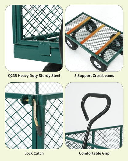 Garvee Versatile Outdoor Utility Cart-800LBS Heavy-Duty, 10" All-Terrain Pneumatic Tires, Easy Maneuverable Lawn Cart with Removable Mesh Panels for Gardening&Landscaping, Green, with Waterproof Liner