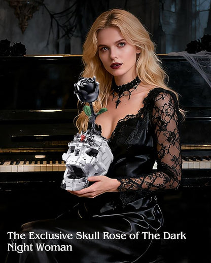 Skull Black Rose Flower Building Set 3 in 1 Gothic Horror Decor Botanical Artificial Flowers Collection Toys Ideal Home Office Decoration &amp Christmas Valentine's Day Gifts for Adults Women