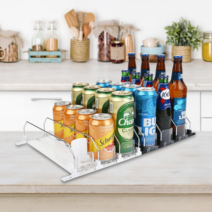 Soda Can Dispenser for Refrigerator - 3 Row Automatic Pusher Glide, Fridge Bottle Rack Drink Organizer, Self-Pushing Width Adjustable Beverage Storage Holds Up to 12 Cans (12.2inch, White)