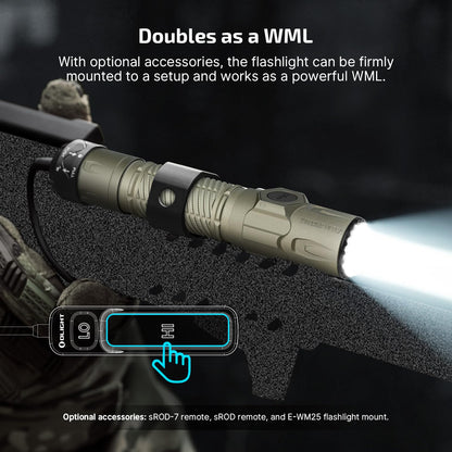 OLIGHT Warrior Ultra 2500 Lumens Tactical Flashlight, Compact Dual Switches Rechargeable Bright Light with Proximity Sensor, Suitable for Emergency, Outdoor, Searching (Olive-Green)