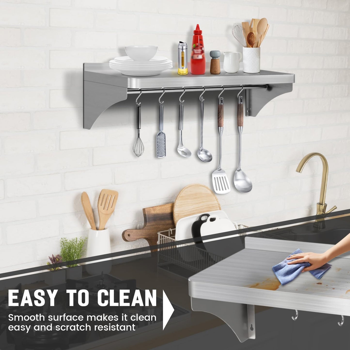 VENFAN Commercial Stainless Steel Shelf 36" x 12" - 250lb Load Capacity, Heavy Duty Stainless Steel Wall Mounted Kitchen Shelf with Backsplash & 6 Hooks for Restaurant, Laundry