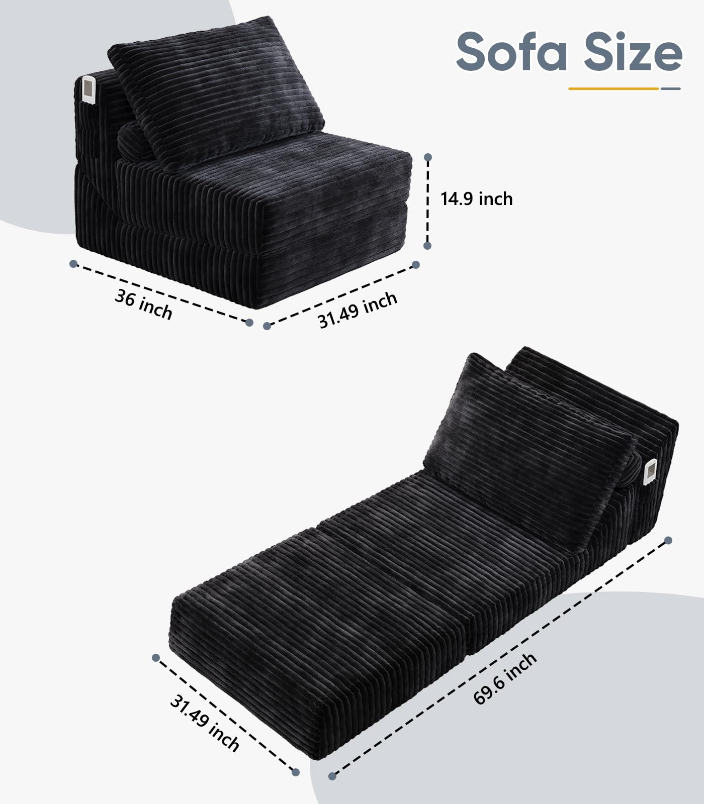Folding Sofa Bed Versatile Boneless Chair Futon Couch Convertible Sleeper Chair Chaise Lounge Chair Indoor BeanBag Chair for Adult Kids, Oversized Comfy Floor Portable for Living Room Bedroom