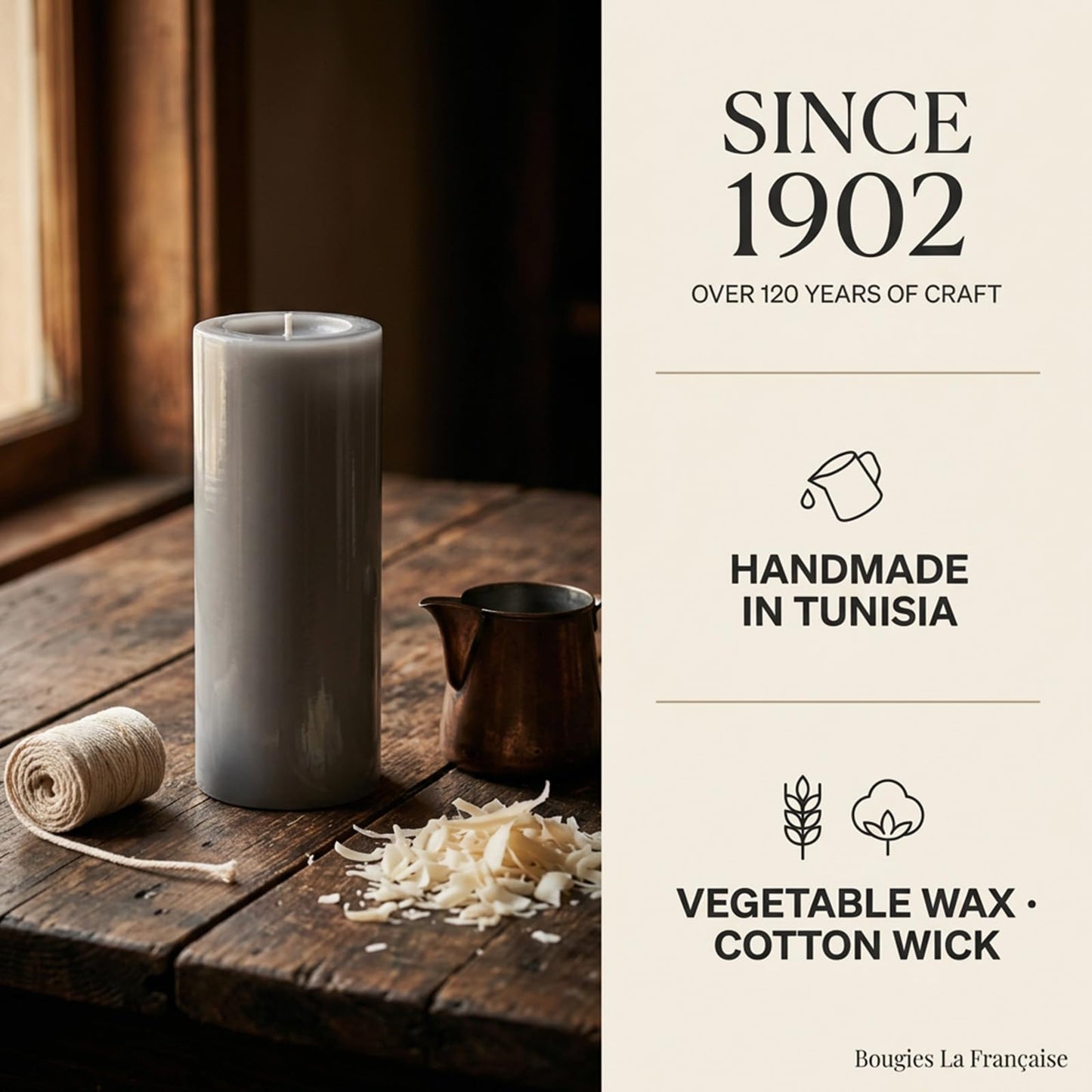 Bougies La Française Unscented Pillar Candle, Grey, Made in Tunisia, Ready-to-Light Cotton Wick Included, Vegetable Wax Decorative Candle, 3.15" Diameter × 7.87" Tall, Approx. 125-Hour Burn Time