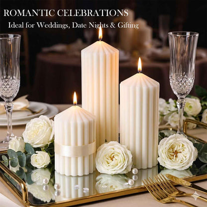 3 Pack Cream White Ribbed Pillar Candles-Natural Soy Wax Unscented,Non-Toxic,Smokeless Large Candle-2.8" x4,6,8 Inch Aesthetic Modern Candles for Home Decor,Dinner Table,Living Room,Housewarming Gift