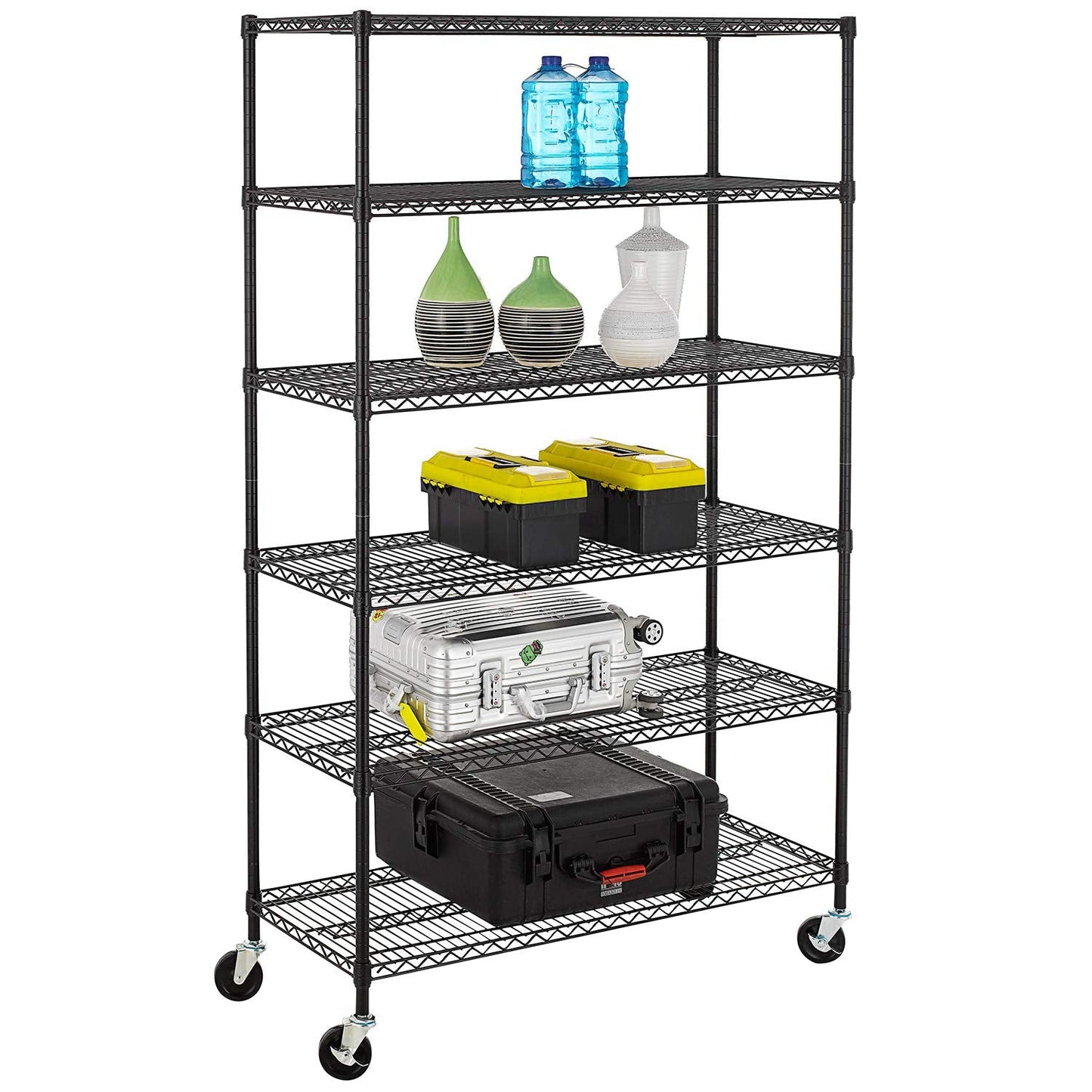 BestMassage Wire Shelving Unit Heavy Duty Garage Storage Shelves Large Metal Shelf Organizer 6-Tier Height Adjustable Commercial Grade Utility Steel Rack with Wheels,18 x 48 x 72 (Black)