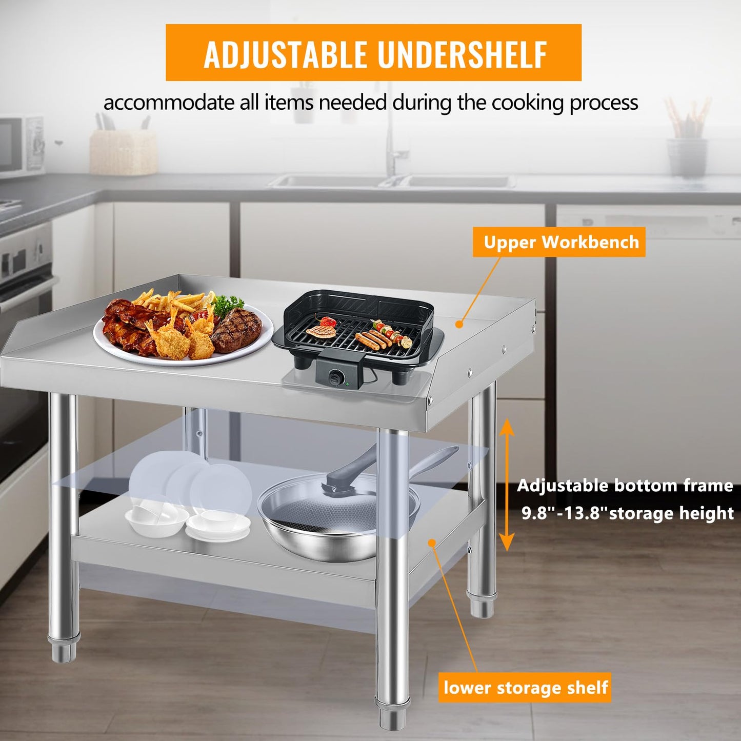 GarveeTech Stainless Steel 36x30x24 in Equipment Grill Stand Table, 1000 LBS Top Shelf, 220 LBS Bottom Shelf, Adjustable Legs, 2 in Edge Baffle, for Hotel, Home, Commercial Restaurant Kitchen