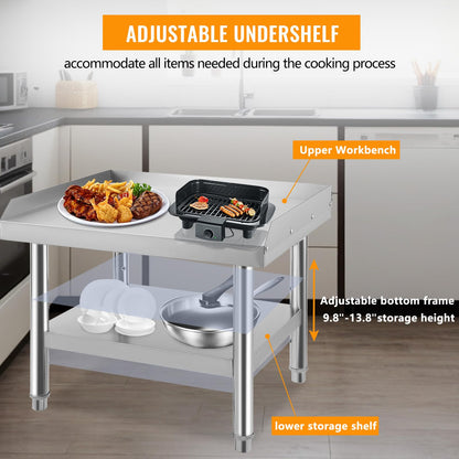 GarveeTech Stainless Steel 36x30x24 in Equipment Grill Stand Table, 1000 LBS Top Shelf, 220 LBS Bottom Shelf, Adjustable Legs, 2 in Edge Baffle, for Hotel, Home, Commercial Restaurant Kitchen