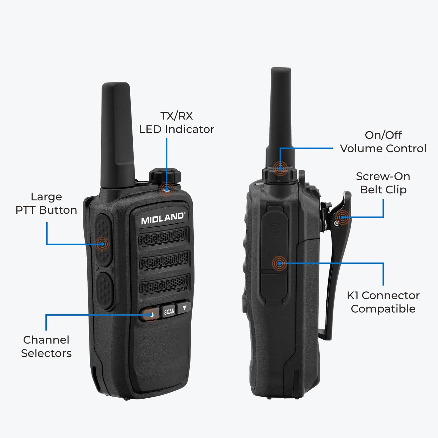 Midland BR10 Heavy-Duty Business Walkie Talkies – 2-Watt Long Range Two-Way Radios, FRS License-Free, Rechargeable Battery, Portable Handhelds for Job Sites & Manufacturing (2-Pack)