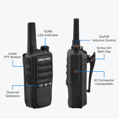 Midland BR10 Heavy-Duty Business Walkie Talkies – 2-Watt Long Range Two-Way Radios, FRS License-Free, Rechargeable Battery, Portable Handhelds for Job Sites & Manufacturing (2-Pack)