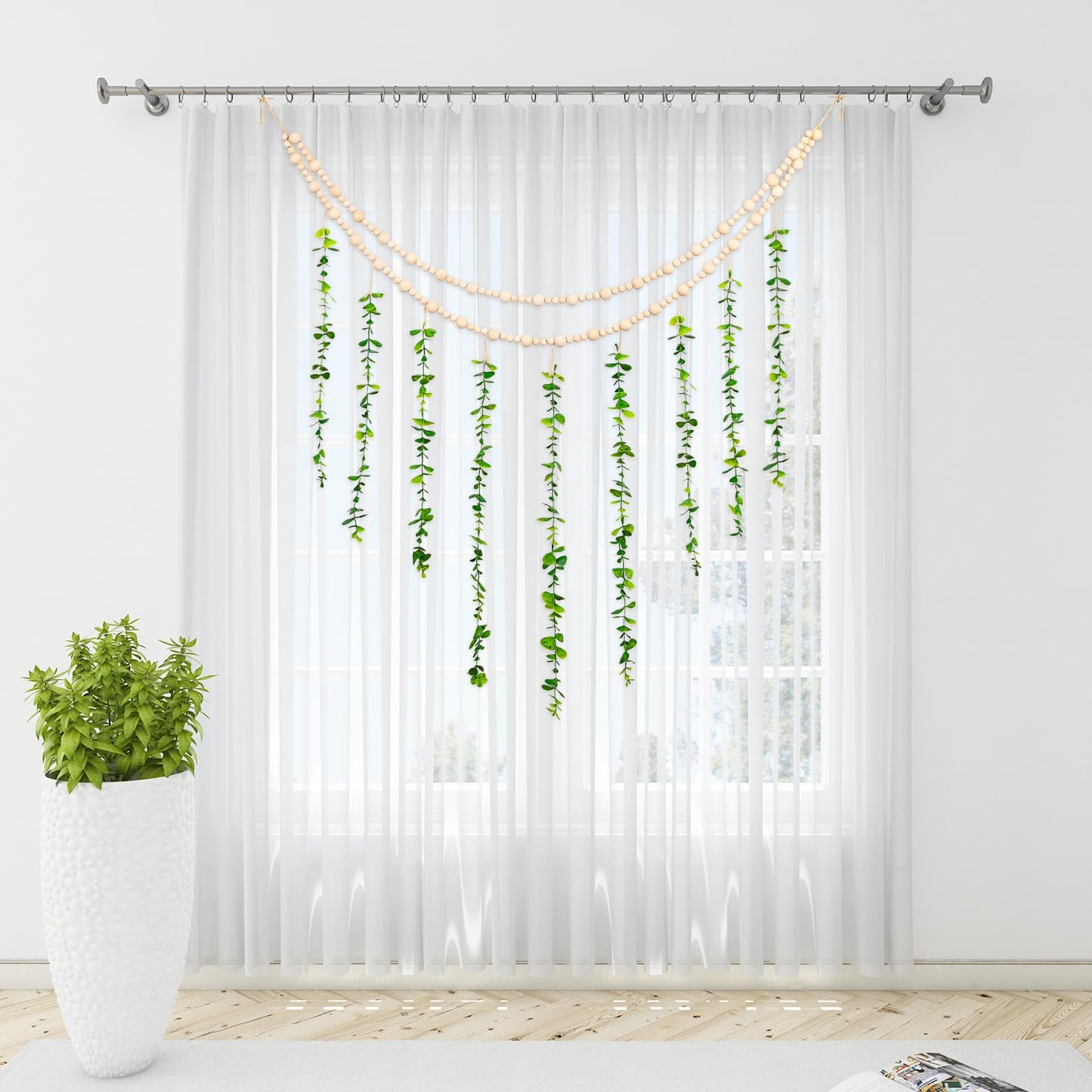 TXIN Hanging Photo Display Holder Wall Decor with Wooden Cards Clips, Boho Style Picture Frame Wood Beads Garland Artificial Eucalyptus Plant Home Decoration for Farmhouse Greenery Cubicle Bedroom