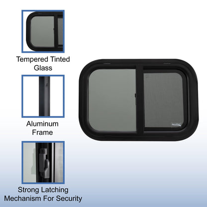 RecPro RV Window Replacement - Teardrop Style, Horizontal Sliding, 21inW x 14inH, Black, Model RP-WIN, Made in USA
