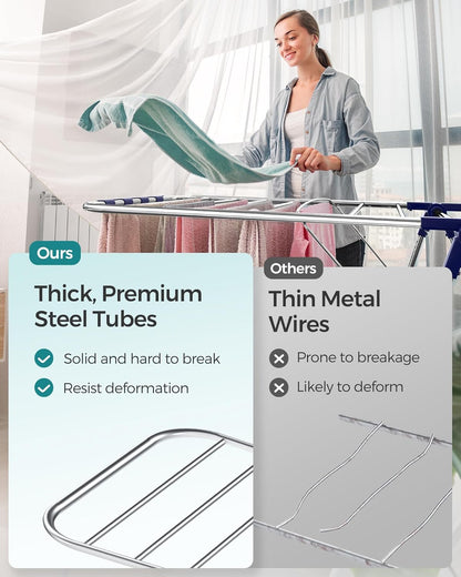 SONGMICS Foldable Clothes Drying Rack - 2-Level Laundry Airer with Adjustable Wings & 33 Rails | Silver & Blue