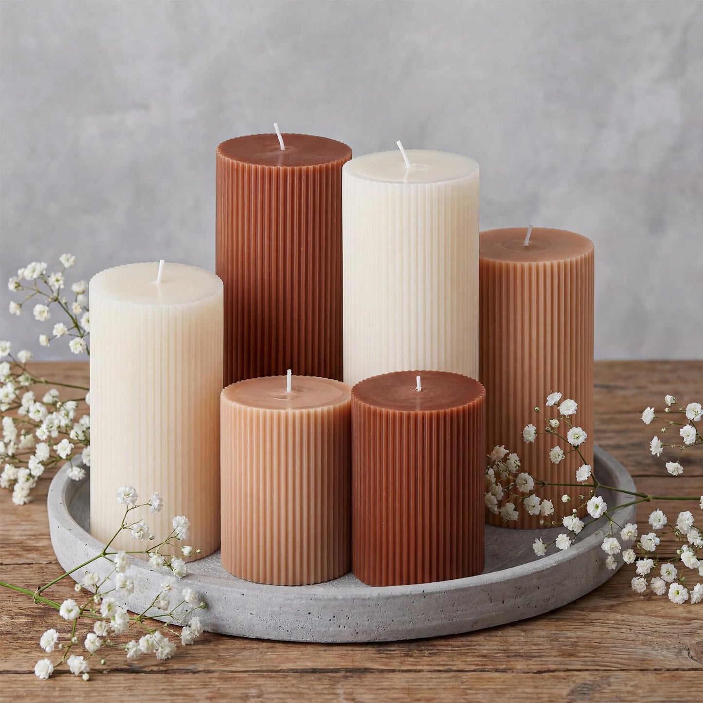 Lyrow 6 Pcs Ribbed Pillar Home Decorative Candles Aesthetic Modern Home Decor Soy Wax Unscented Pillar Candles Width 3" High 4" 6" 8" for Bathroom Living Room Wedding Dinner Party(Brown)
