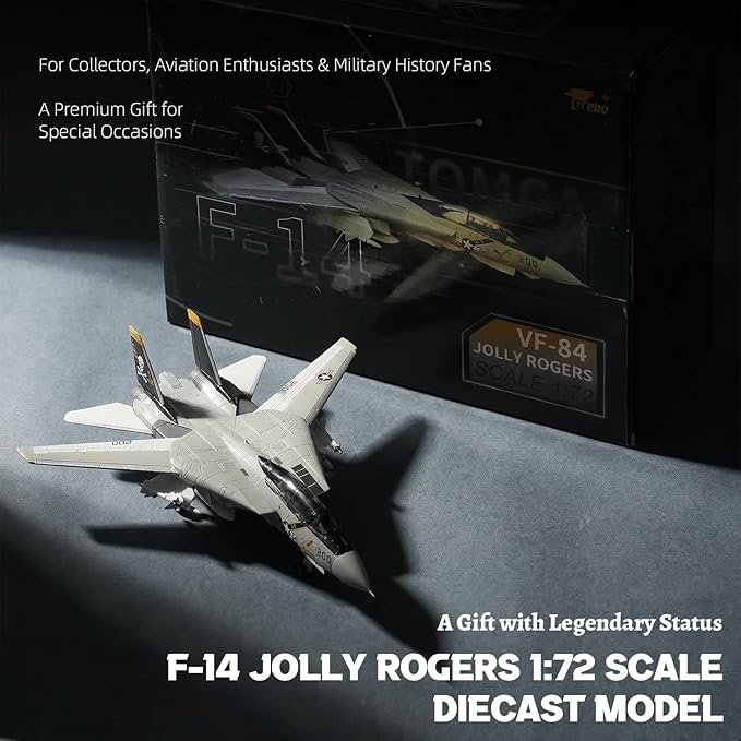 F-14 Tomcat VF-84 Jolly Rogers 1/72 Scale Die-Cast Metal Pre-Built Fighter Jet Model with Detachable Missiles and Adjustable Tail Fins Military Enthusiasts Gift