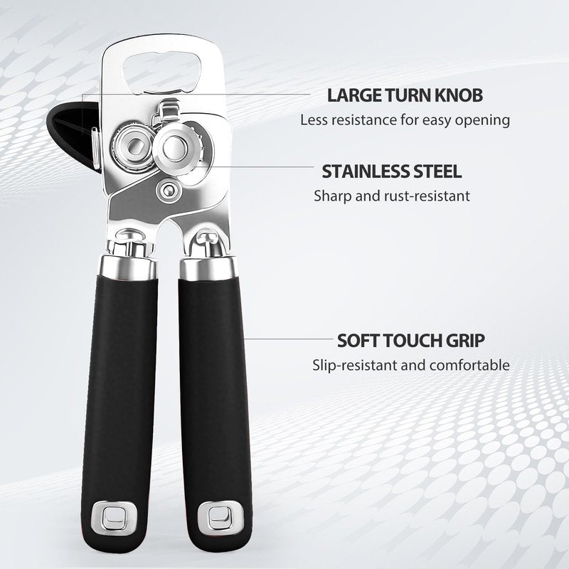 Safring Can Opener Manual, Heavy Duty Stainless Steel Smooth Edge Can Openers With Soft Touch Handle, Oversized Handheld Easy Turn Knob, Multi-Function Bottle Opener, Black