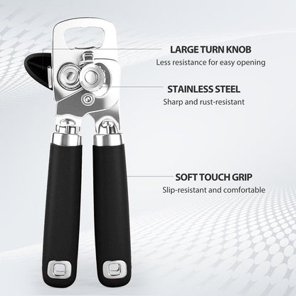 Safring Can Opener Manual, Heavy Duty Stainless Steel Smooth Edge Can Openers With Soft Touch Handle, Oversized Handheld Easy Turn Knob, Multi-Function Bottle Opener, Black