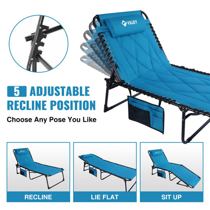 VILLEY Oversized Padded Chaise Lounge with Cushion, Foldable Camping Cot, Patio Reclining Lounge Chairs, Folding Sleeping Bed for Outdoor, Indoor, Backyard, Garden, Camping, Relaxing, Beach Tanning