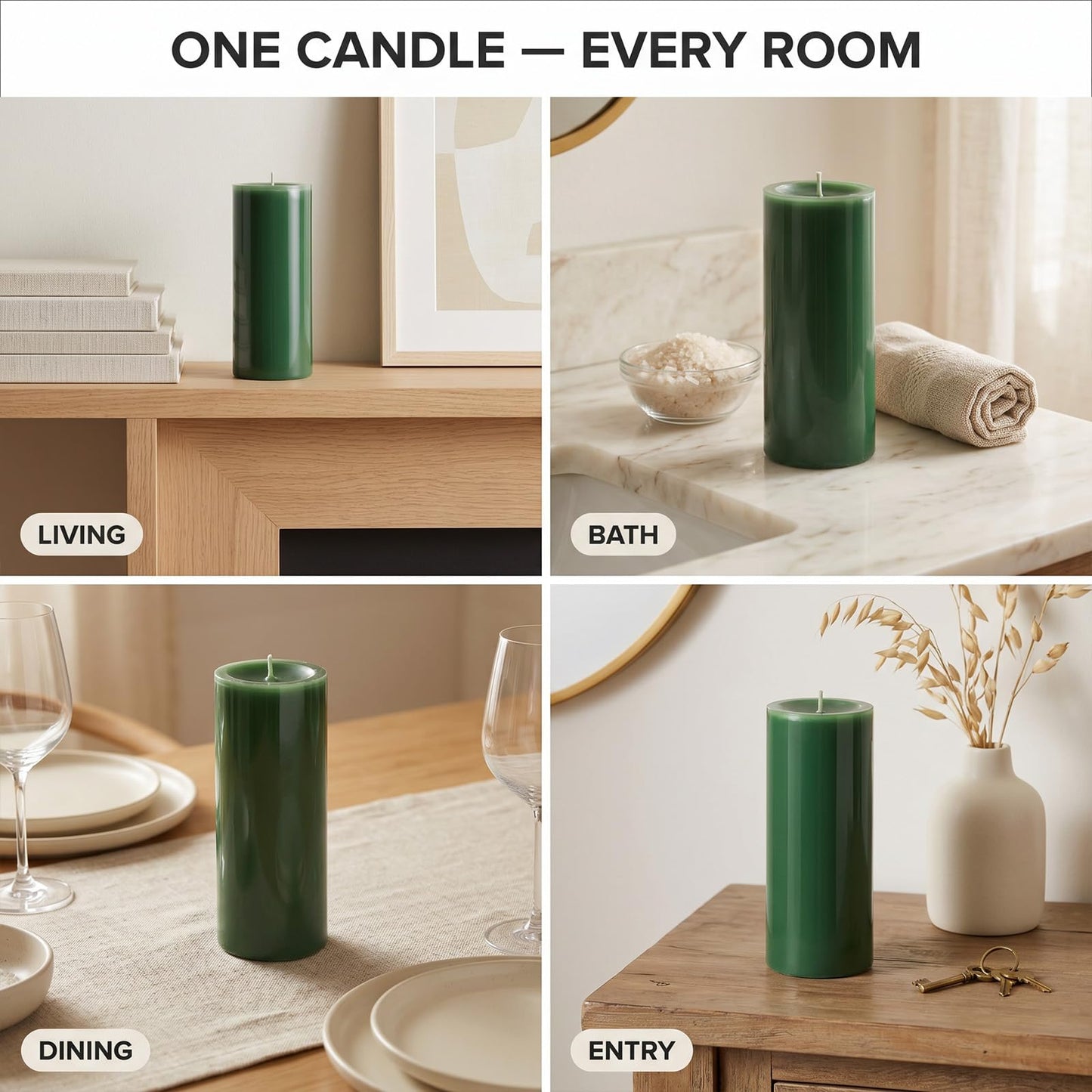 Bougies La Française Unscented Pillar Candle, Green, Made in Tunisia, Ready-to-Light Cotton Wick Included, Vegetable Wax Decorative Candle, 3.15" Diameter × 7.87" Tall, Approx. 125-Hour Burn Time