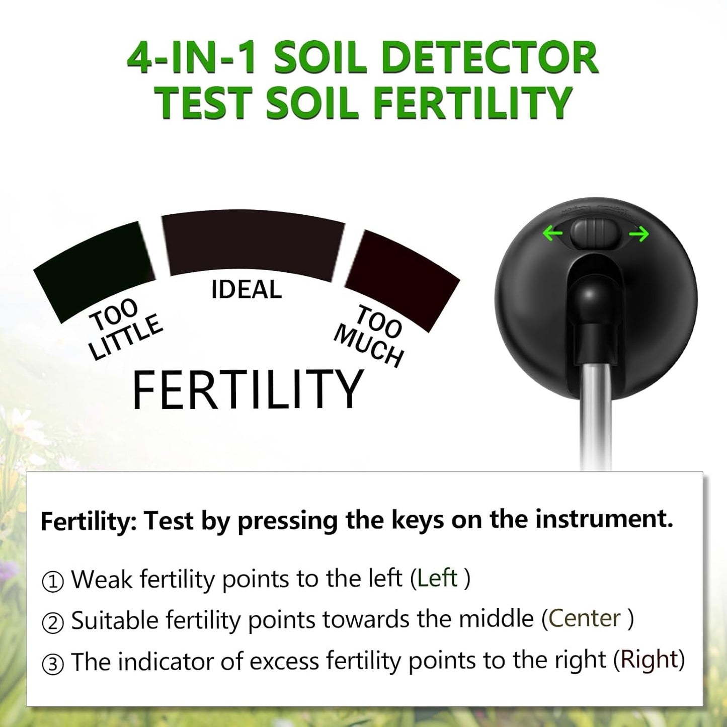 Skiennix 4-in-1 Soil Tester - Battery-Free PH, Moisture, Light & Fertilizer Meter for Garden & Lawn