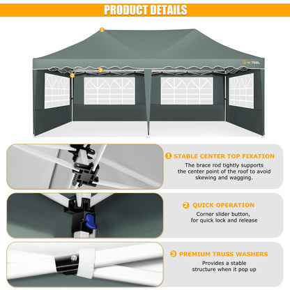 HOTEEL 10x20 Pop Up Canopy Tent with 6 Sidewalls, Waterproof UV50+ Outdoor Shelter for Parties and Events, Easy Setup with Wheeled Bag & 4 Weight Bags, Gray