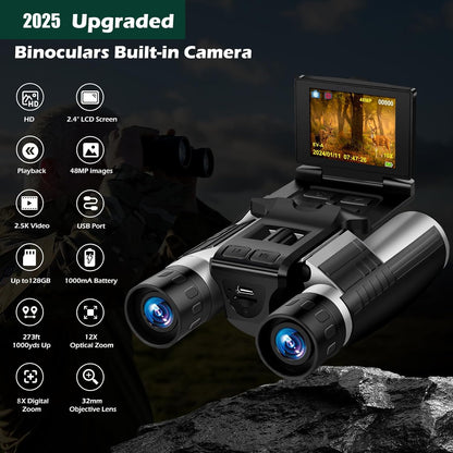 2-in-1 Digital Camera Binoculars for Adults, 12x32 HD with 2.4" LCD Display, 48MP & 2.5K Video Recording, 8X Digital Zoom for Bird Watching, Concerts, Travel 32GB