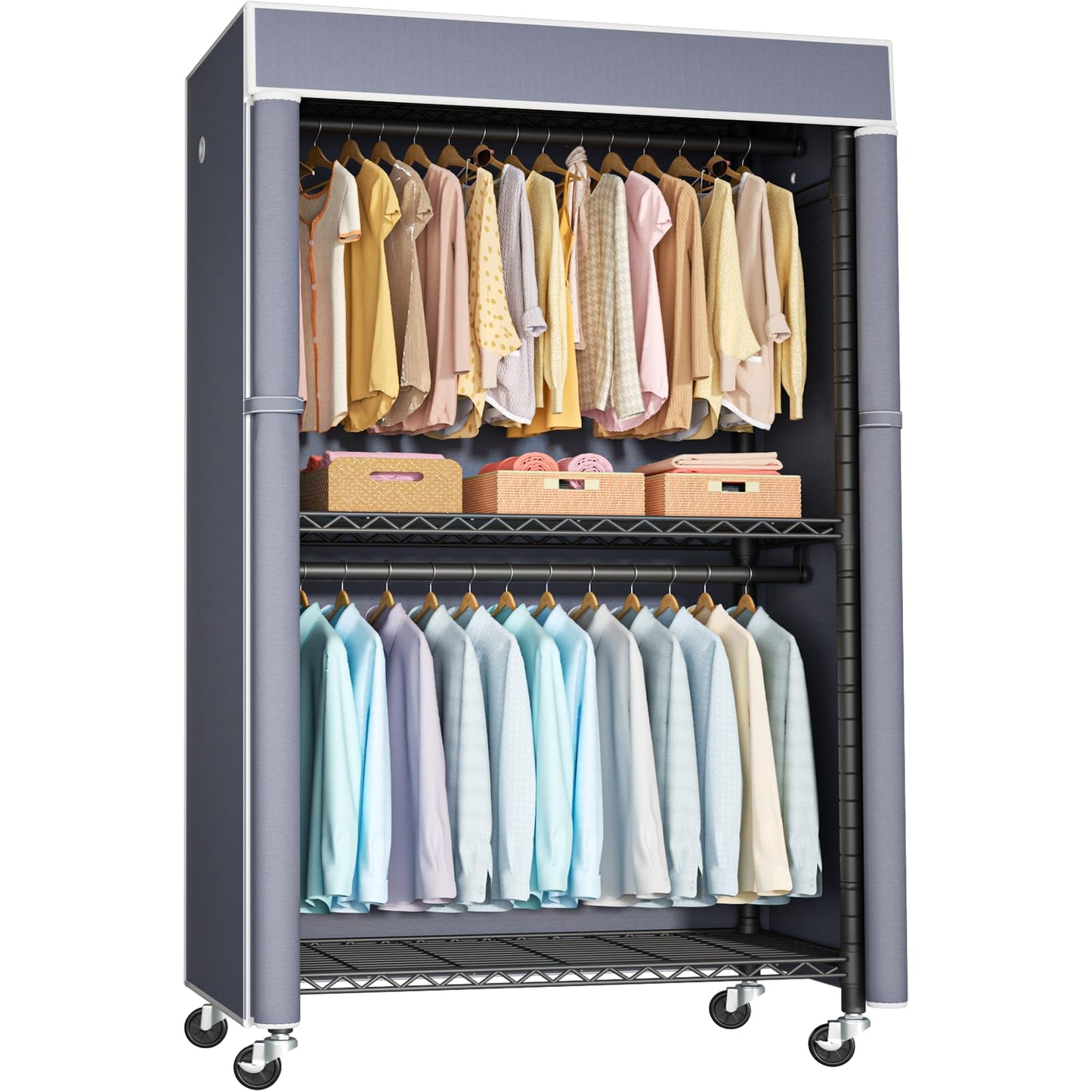 FUTASSI Black Clothing Rack with Grey Cover, P1C Rolling Closets with Wheels, Metal Garment Rack for Hanging Clothes, Clothing Storage Wardrobe, 36.2" W x 16.5" D x 80.5" H, Load 450 Pounds