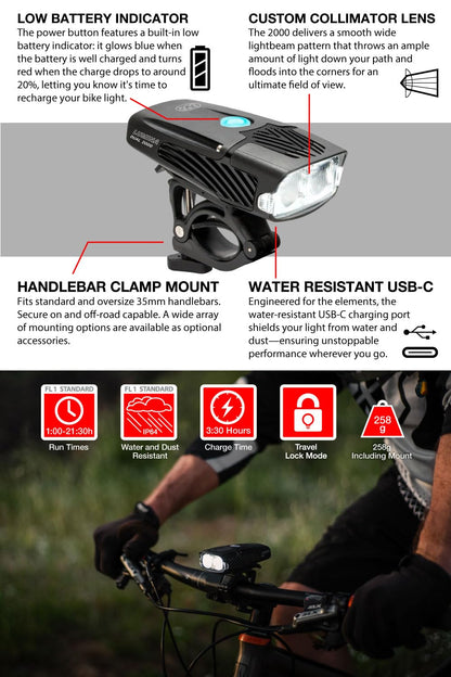 NiteRider Lumina Dual 2000 Lumen USB-C Rechargeable Dual LED Front Bike Light - 7 Modes Powerful Lumens IP64 Waterproof Bike Headlight Easy Mount Single Button Control MTB, Trail, Enduro, Road Cycling