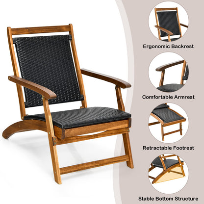 COSTWAY Patio Folding Rattan Lounge Chair, Acacia Solid Wood Frame, Low Deck Chair with Convenient Retractable Footrest, 24” x 51.5” x 32.5”