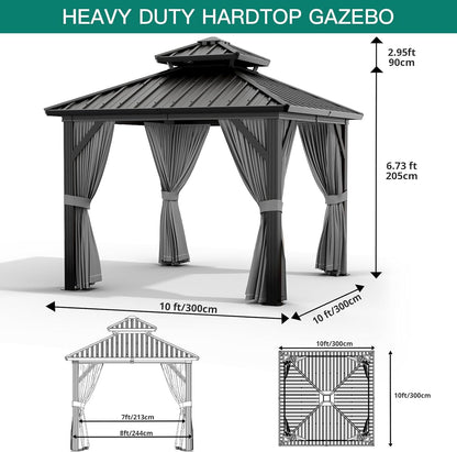 10'x10' Hardtop Gazebo, Heavy Duty Aluminum Permanent Outdoor Pavilion with Curtains and Netting for Garden, Patio, or Backyard (Grey, 10'x10')