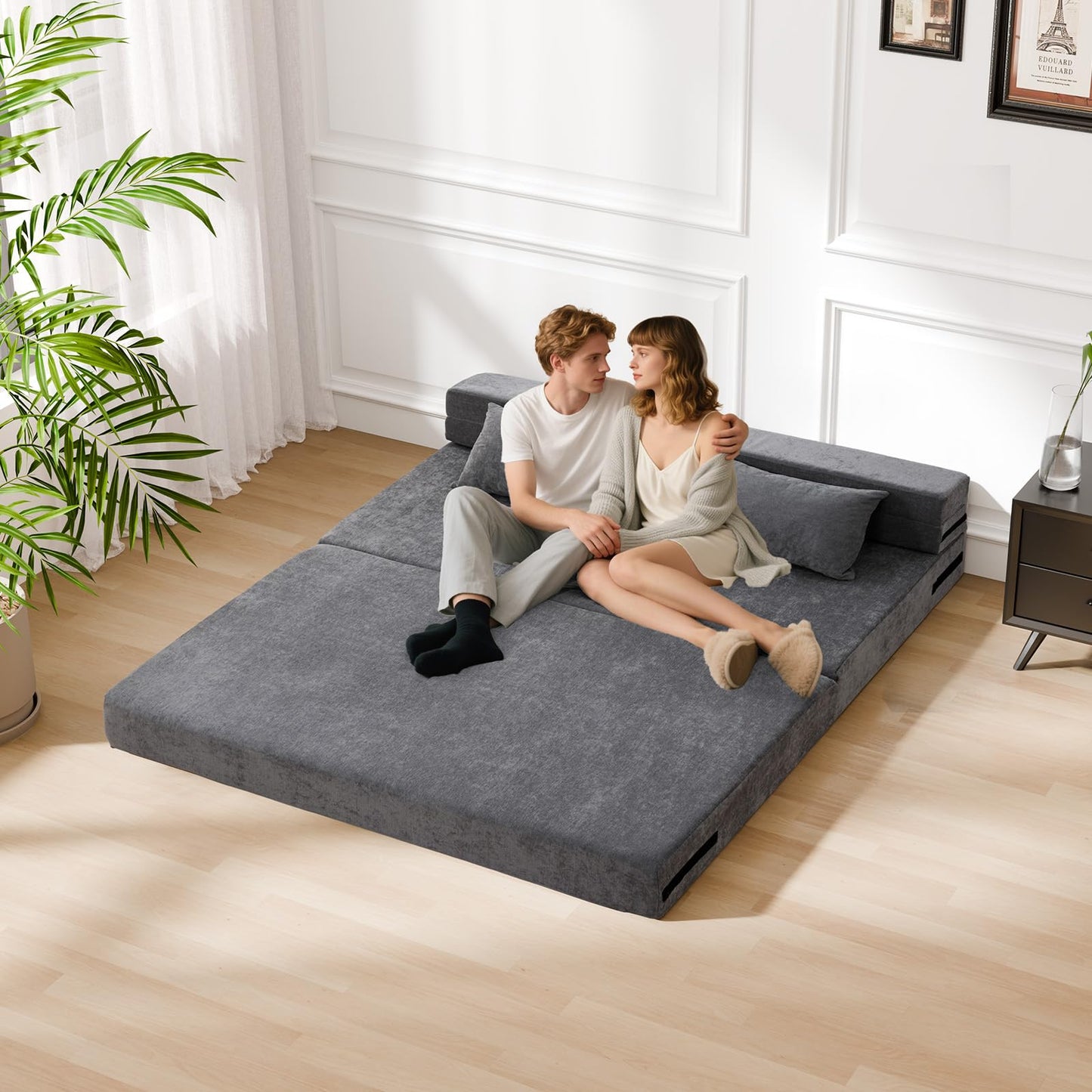 HOMFINE Folding Sofa Bed - Convertible Sleeper Chair with Pillow, Fold Out Couch, Memory Foam Floor Mattress, Futon Couch, Lazy Sofa for Living Room/Dorm/Guest Room/Home Office, Queen, Grey