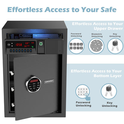 QINGENO Sliding-Away Drawer Safe with LCD Display of Temp,Humidity,Time,Home Security Electronic Safe for Money Cash Valuables,Keypad Large Lock Box Cabinet Safes