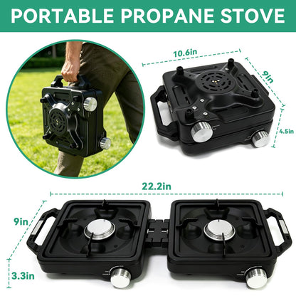 2 Burner Camping Stove 24000 BTU, Portable Propane Camp Stove Set with Frying Pan and Pot, Wind Shield, Griddle, Adjustable Dual Gas Stoves Camping Cooking Kit For RV, Tailgating, Survival, Black