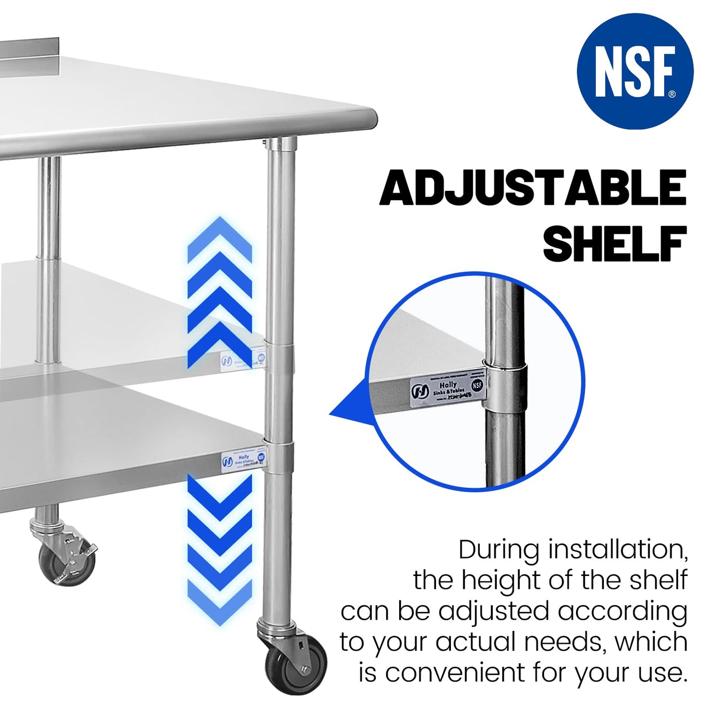 Hally Stainless Steel Table for Prep & Work 24 x 48 Inches with Caster Wheels, NSF Commercial Heavy Duty Table with Undershelf and Backsplash for Restaurant, Home and Hotel