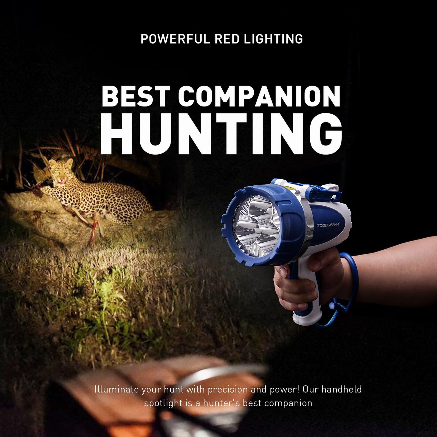 GOODSMANN Rechargeable Spotlight Flashlight LED Handheld Spot Lights Outdoor Portable IP67 Waterproof Searchlights Marine Spot Lights up to 3000 Lumen for Hiking, Boating, Hunting