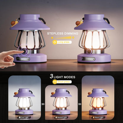 V.C.Formark Retro Snail Kids Lantern - USB Rechargeable LED Night Light, 3-Color Dimmable, Plastic, Purple, Model VC-CA-Purple