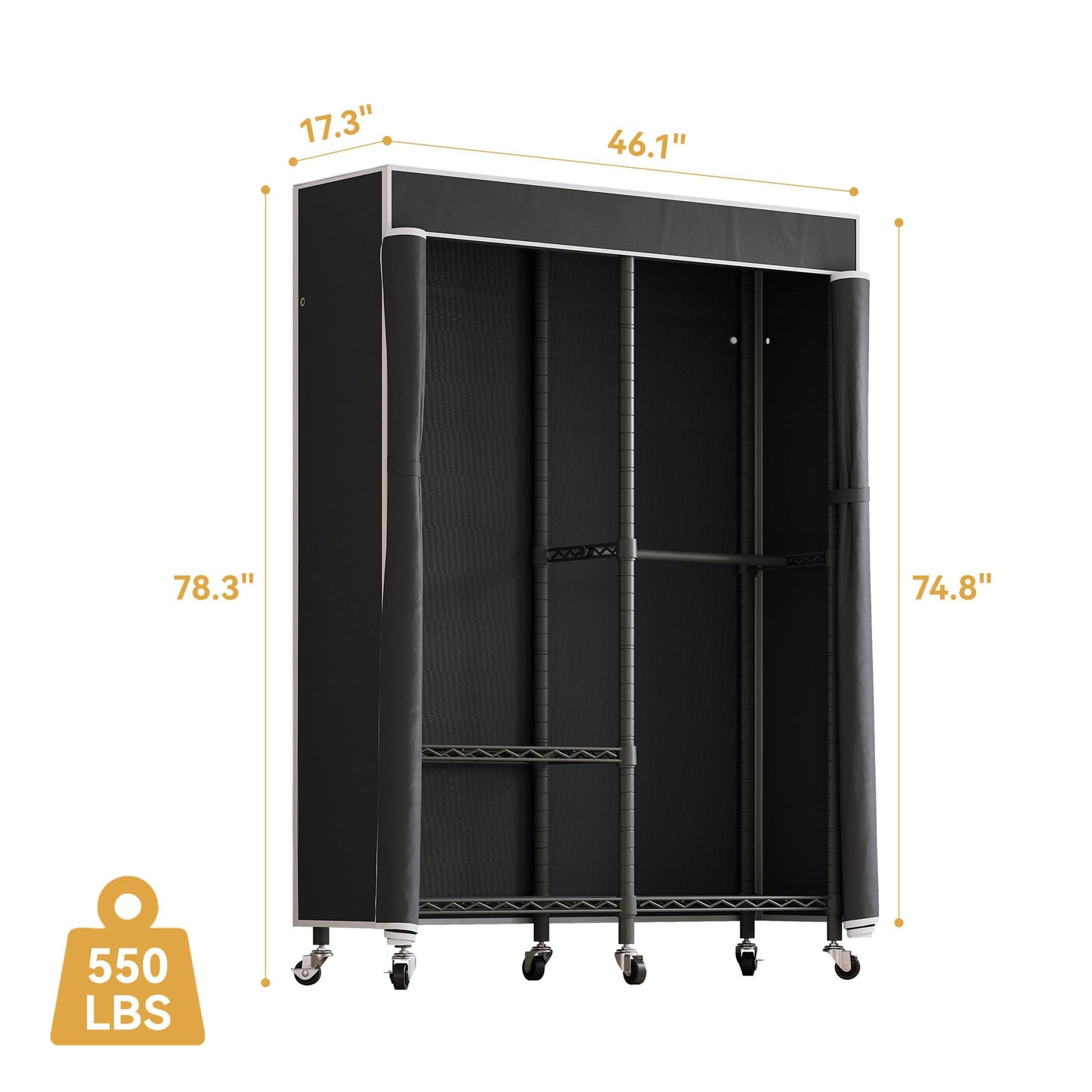 Higeego H9 Garment Rack with Cover, Heavy Duty Clothing Rack for Hanging Clothes, Portable Closet with wheels, Wardrobe Closet with Adjustable Shelves, Black Rack Shelf with Black Fabric Cover